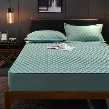 

Winter Quilted Fitted Sheet Set Solid Grid Brushed Cotton 3D With 1pc Elastic Thicken Warm Sheet Bed Cover Rubber Mattress Linen