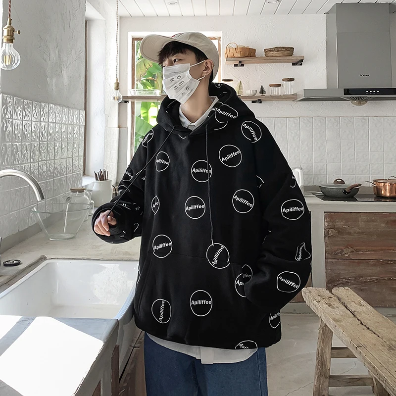 black Осенние новые толстовки мужские модные однотонные повседневная с буквенным принтом пуловер с капюшоном мужская уличная хип хоп свободная пара Толстовка - Цвет: black