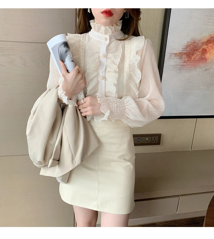 Woman Chic Long Sleeve Stand Collar Blouses Women Casual Loose White Tops Korean Lace Ruffles Elegant Chiffon Shirt Blusas 13433