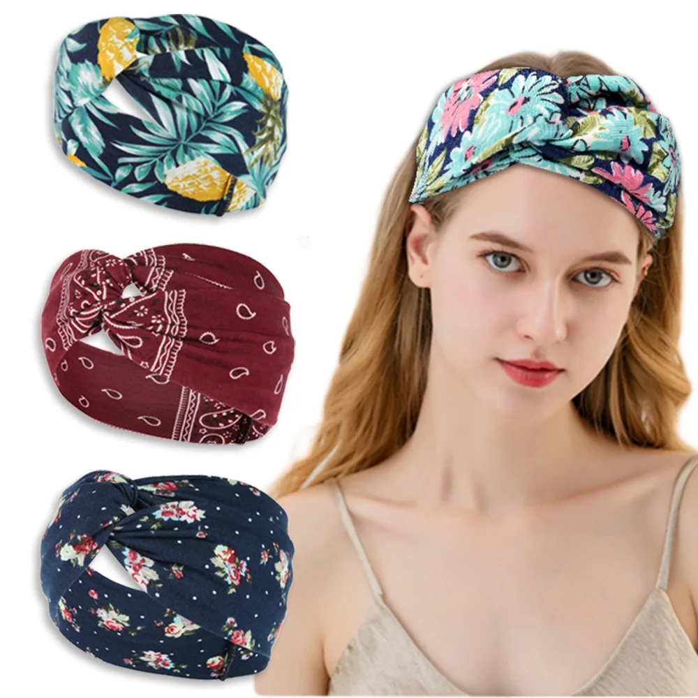 

Wide Headband for Women Girls Bohemian Hair Bands Floral Print Headband Yoga Headwrap Vintage Knot Cross Turban Bandage Bandanas