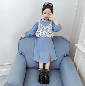 

2019 new wholesale girls 2 pcs set full sleeve dress+ lace vest autumn fashion girls suit 4-9t C131