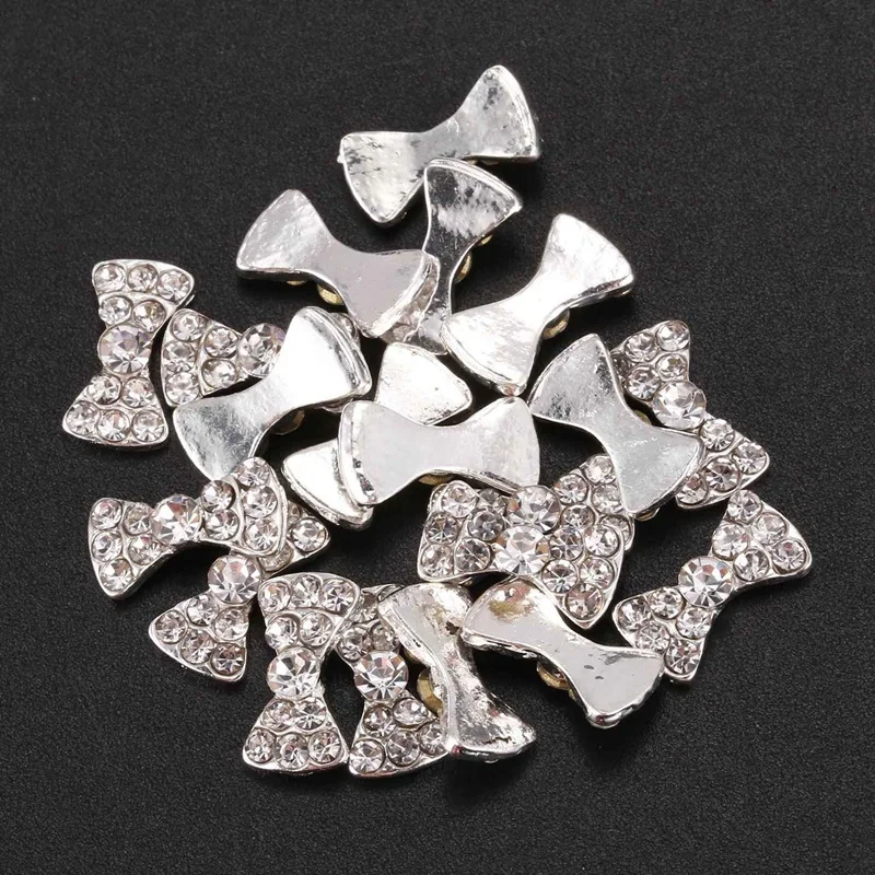 60 Pcs Nail Art DIY Decorations:20 Pcs 3D Silver Rhinestone Bow DIY Nail Ornaments Glitters Slices& 40 Pcs DIY Metal 3D Nail A