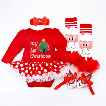 

Newborn Baby Girls Xmas Clothes Long Sleeve Print Skirt Romper Santa Claus Leg Warmer Shoes Christmas Outfits