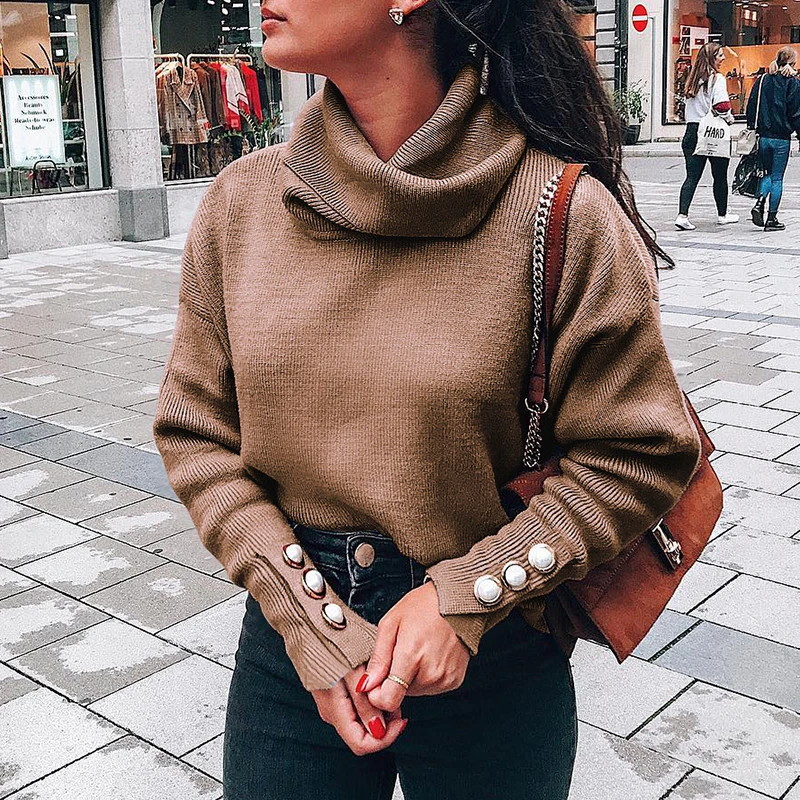 

Plus Size Turtleneck Autumn Button Sleeve Knitted Sweaters Women Solid Pullovers Causal Thin Street Sweaters Knit Tops M0601