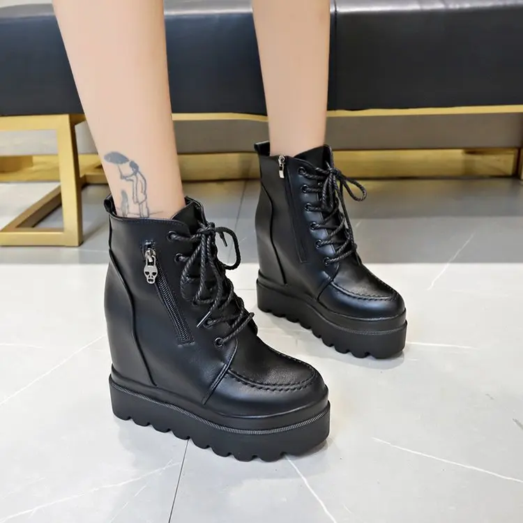 

Fashion Women Platform Boots New 2020 Winter Chunky Heels Ankle Boots 12CM Wedge Heels Leather Shoes Warm Plush Motorcycle Boots