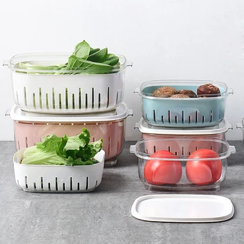 

Plastic Storage Box Kitchen Organizer 2 Layers Food Container with Lid Rangement Cuisine Fruit Vegetable Draing Washing Basket