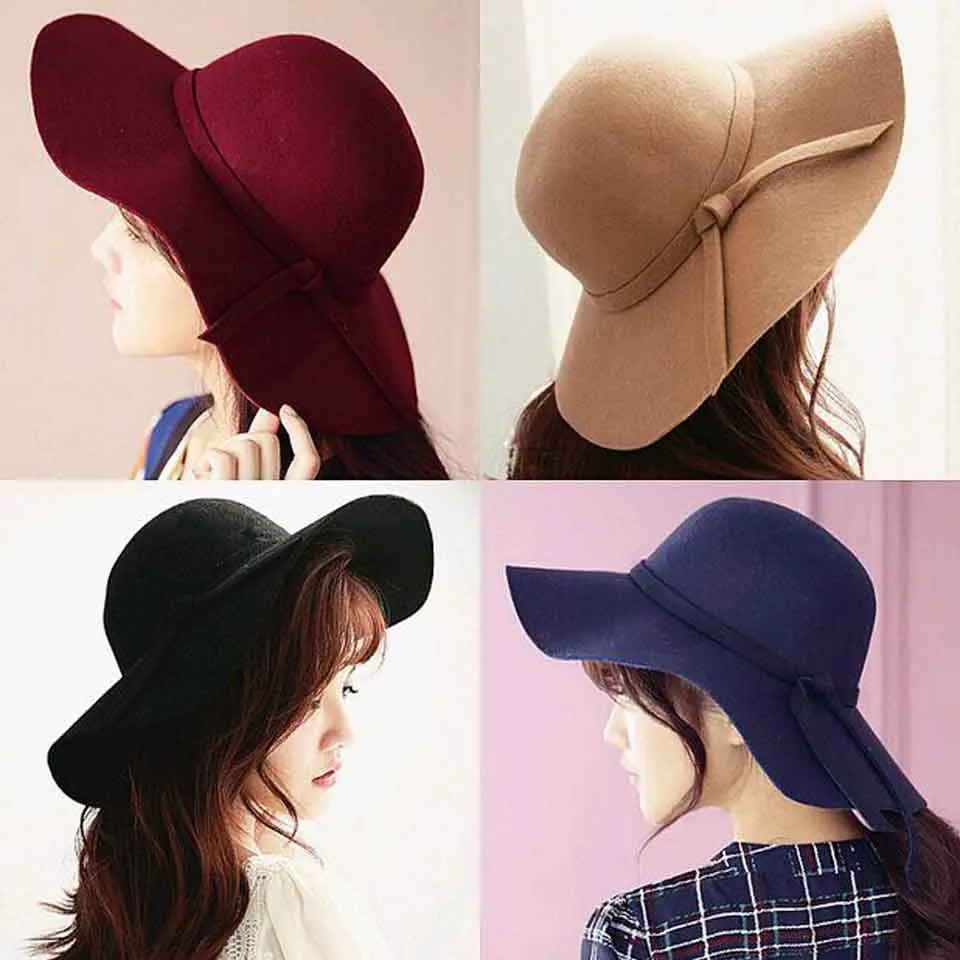 

Retro Autumn Winter Felt Hats For Women Bucket Caps Soft Vintage Wide Brim 10CM Wool Felt Bowler Fedora Hat Women's Large Hat