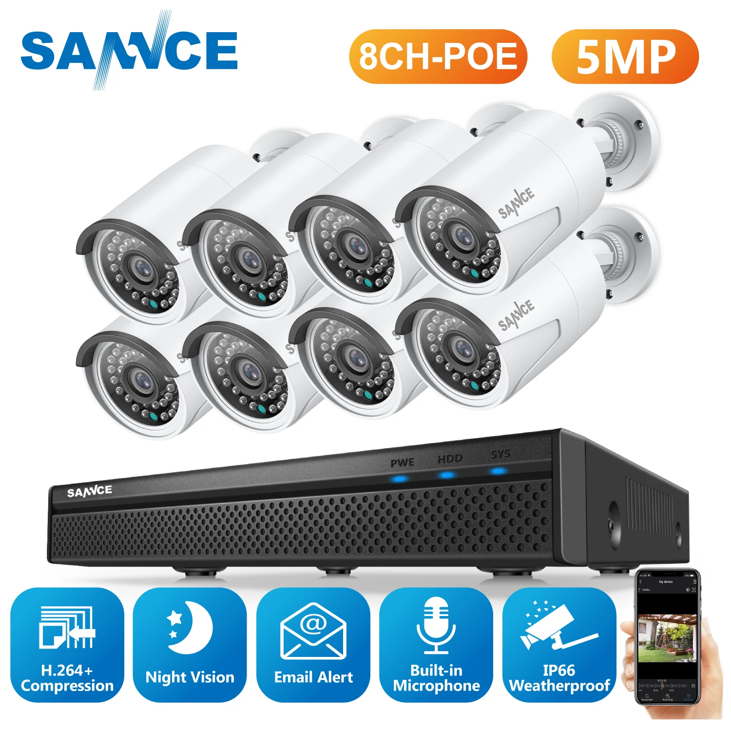 SANNCE 8CH 5MP FHD POE видео камеры наблюдения системы H.264 + NVR с наружной Водонепроницаемый