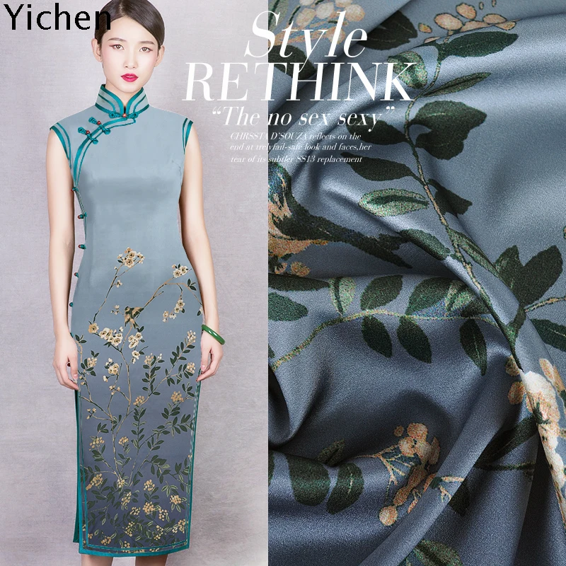 125 см* 118 см Натуральная шелковая ткань с принтом шелковое атласное платье ткань cheongsam платье эластичный атласный синий постепенный абрикосовый цветок Magpie