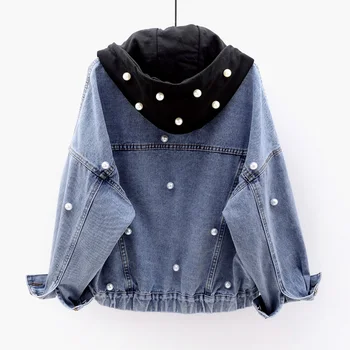 

Vintage Short Denim Jacket Women 2020 Spring Autumn New Loose Removable Hooded Bat sleeves Beaded Jeans Jacket Basic Coat G021