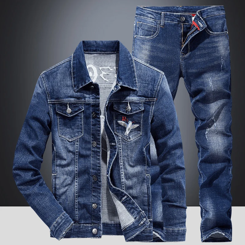 Куртка и джинсы Мужская джинсовая с вышивкой птиц повседневный костюм из денима