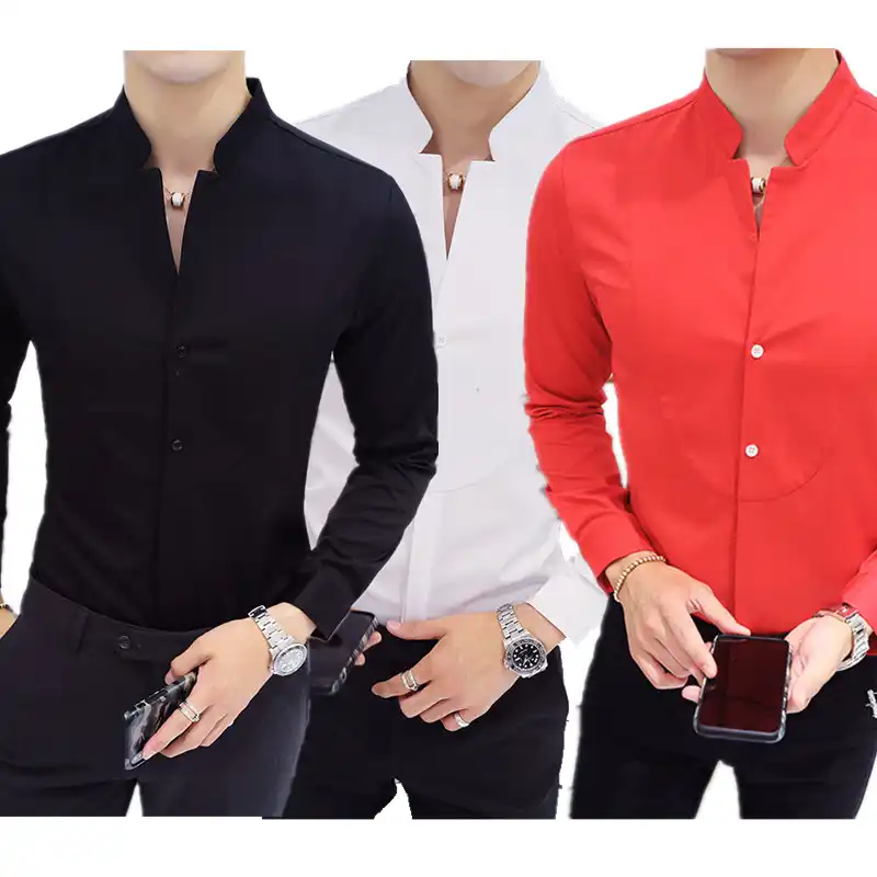 black dress shirt with red collar