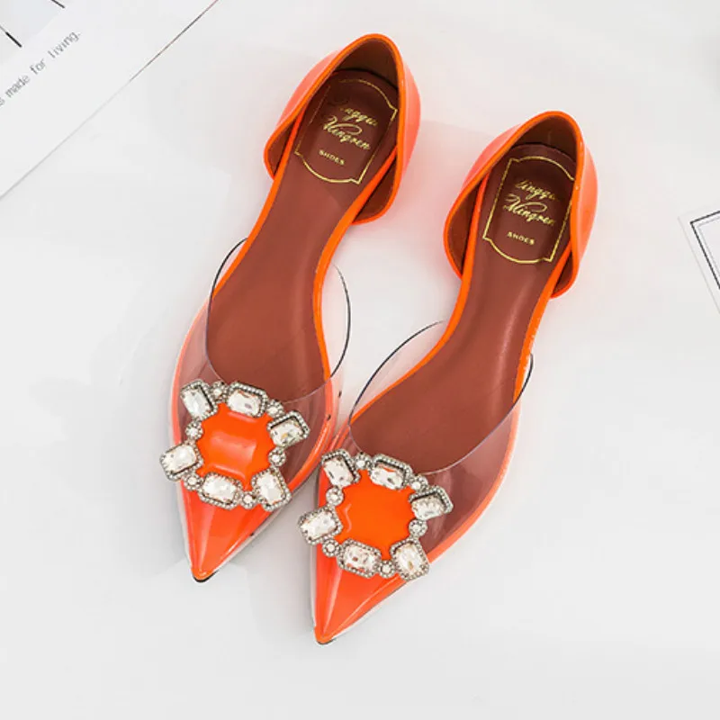 Женская обувь на плоской подошве; прозрачная обувь из ПВХ со стразами; Новинка года; женские удобные кроссовки на плоской подошве с металлическим острым носком; лоферы - Цвет: Оранжевый