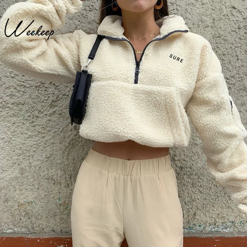 Weekeep Cropped Zipper Turn Down Collar Wool Jacket Women Streetwear Autumn Winter Warm Women Jackets