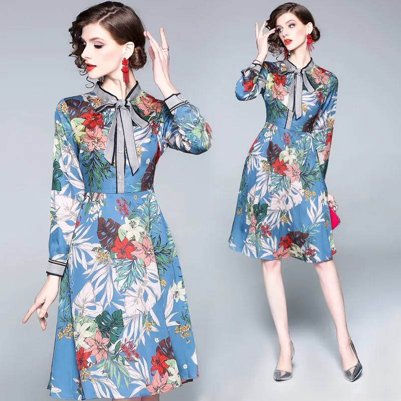 

2019 Spring New Style WOMEN'S Dress Long Sleeve Bow Collar Europe And America Fashion Floral Printed Dress Medium-length Dress H