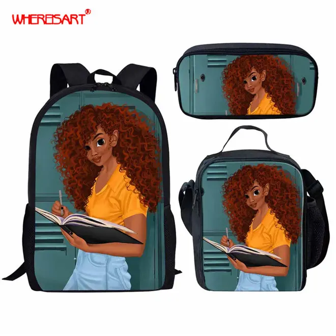 WHEREISART Kids Backpack Girls for School Black Art African Girls Design Bagpack Children 3pcs/set Schoolbag Bookbag Mochila - Цвет: YQ4595CGK