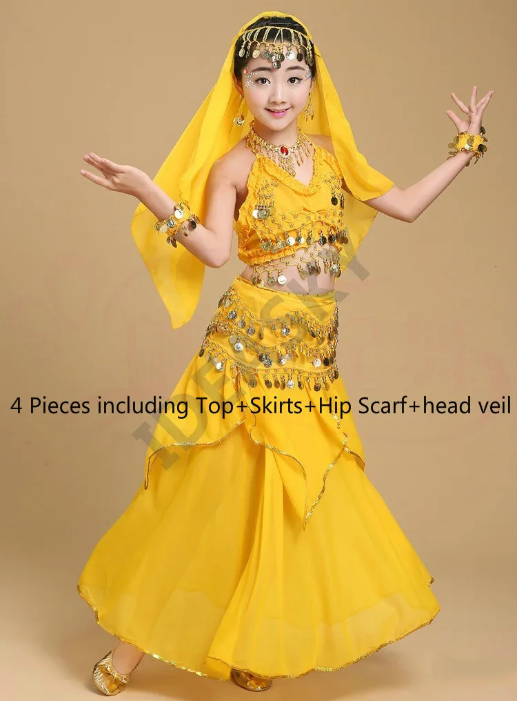 yellow 4pcs Египетский Восточный Болливуд взрослый набор костюма для танца живота костюм женщина для детей профессиональный детский танец живота топ юбка платье - Цвет: yellow 4pcs