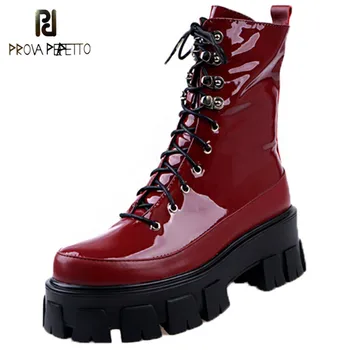 

Prova Perfetto Red Thick Bottom Boots Women Fashion British Style Platform Boots Lace Up Keep Warm Ladies Shoes Stivali Donna