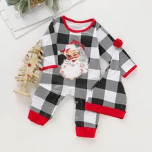 Детская Рождественская одежда комбинезон в клетку с длинными рукавами и изображением Санта-Клауса для маленьких мальчиков и девочек+ шапка, одежда Meisjes Kleding для детей 3-18 месяцев