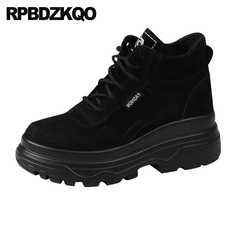 

flatform suede booties short front lace up casual ankle boots autumn platform muffin shoes designer creepers women 2019 black