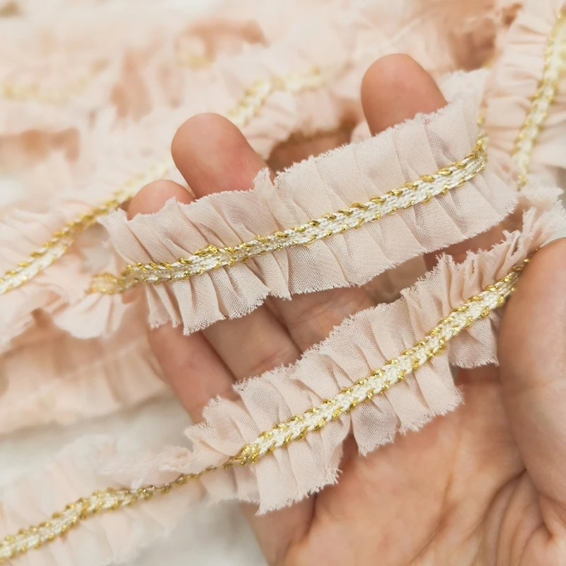 

1M New Pleated Gold Lace Fabric 2.5cm High Quality Dress Lace Fabric Sewing Lace Applique Ribbon Crafts Materials dentelle QZ30