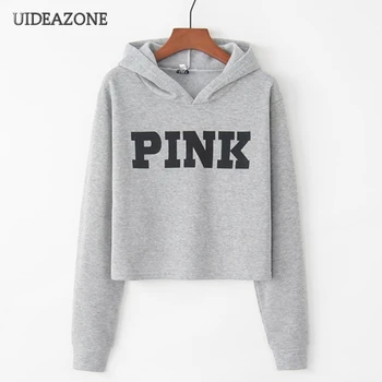 

UIDEAZONE Pink Print Women Hoodies Hooded Ladies Crop Pullovers Long Sleeve Woman Hoodie 2019 Streetwear