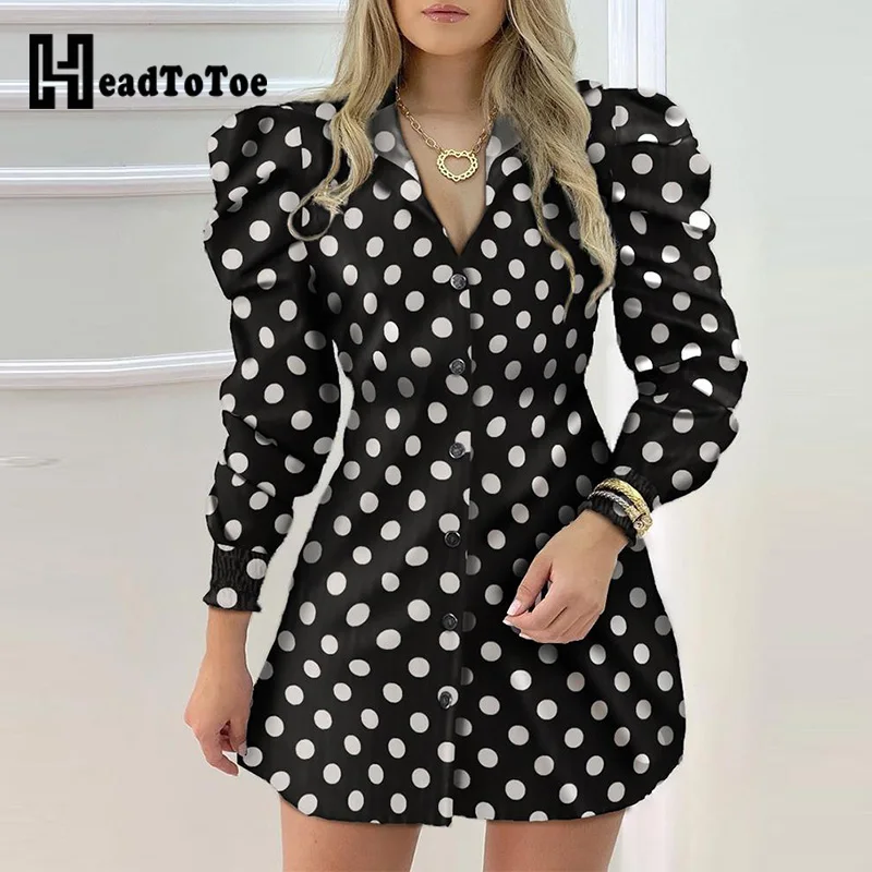Платье-рубашка Polkadot на пуговицах с пышными рукавами женское повседневное
