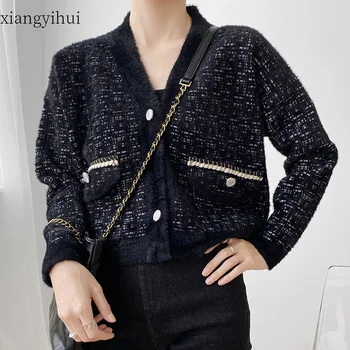 

Black Cardigans Coat for Womens 2020 Korean Casual Fashion Single Breasted Cardigan Sweaters Female Mohair Knitted Outwear