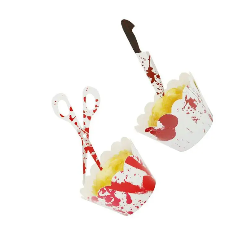 48Pcs Baking Blood Handprints Paper Cake Wrappers Safe Sharp Tool Shaped Fun Cake Toppers for Home Bakery Dessert House