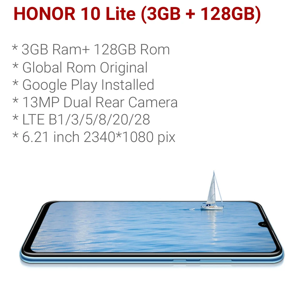 Honor 10 Lite 128 ГБ глобальная версия мобильных телефонов 6 2 дюймов 3400 мАч Android 9 24MP