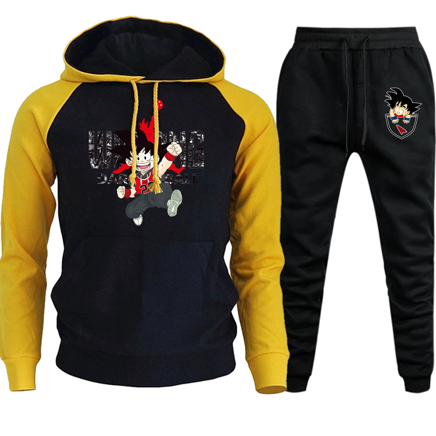 Мультфильм Dragon Ball реглан с капюшоном+ брюки наборы Повседневный хип-хоп Уличная одежда для мужчин реглан осенне-зимний флисовый костюм мужской пуловер