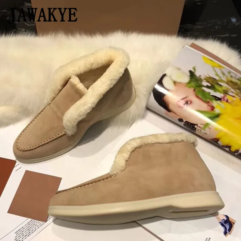 New Natural Wool Women Snow Boots Top Quality Winter Flat Shoes Slip On Runway Boots Warm Cozy Smooth Suede Short Botas Mujer