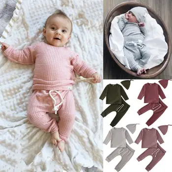 

Dropshipping 3Pcs Set Infant Baby Girl Tops Pant Hat Cotton Outfits Long Sleeve Autumn Warm Set 0-24Month