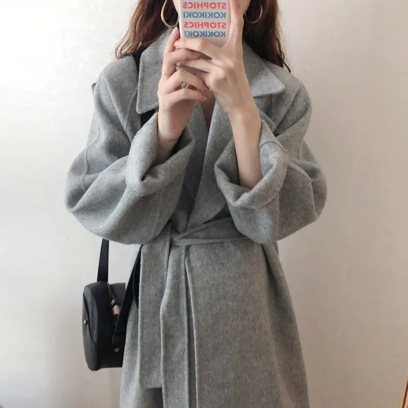 

Korean 2020 Autumn Winter Elegant Solid Color Minimalist Warm Long Coat Women Loose Adjustable Waist Soft Clothes Ladies