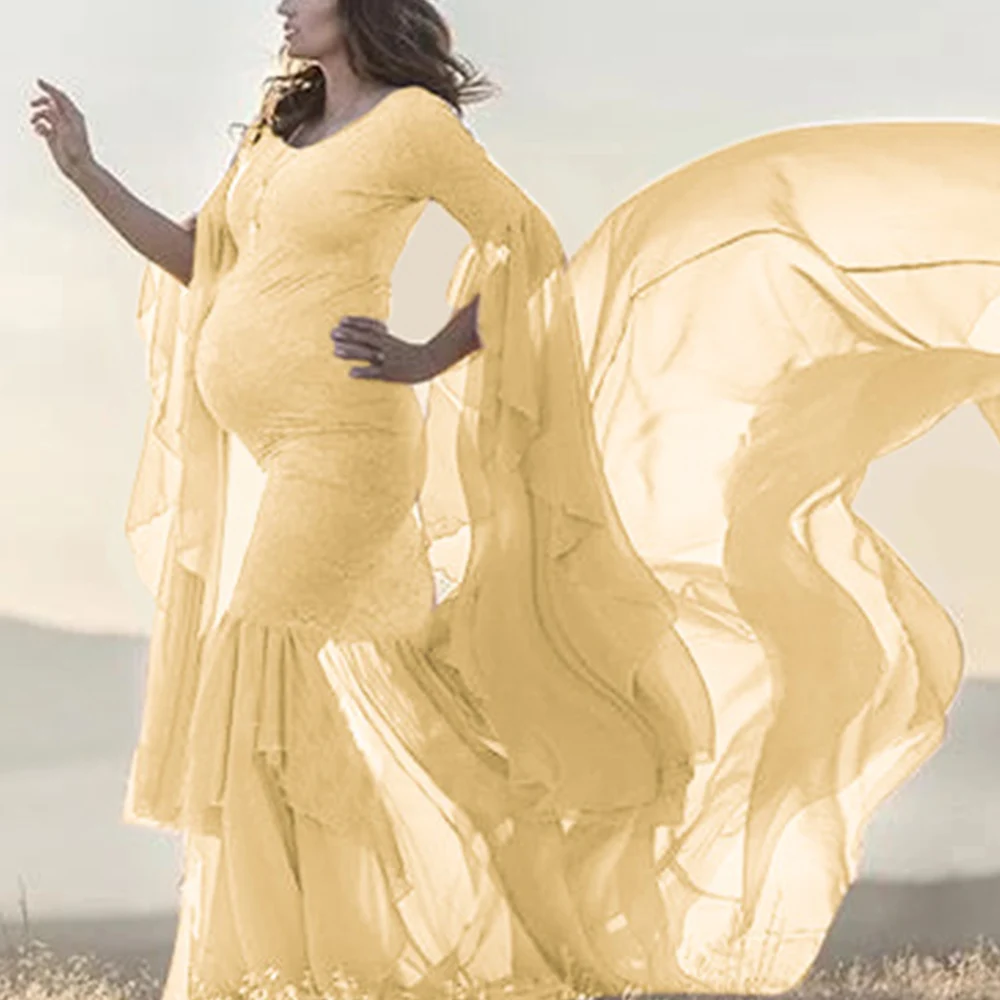 Вечернее кружевное платье-труба для беременных женская шифоновая блуза с рукавами-клеш платье для беременных Платья для фотосессии D20