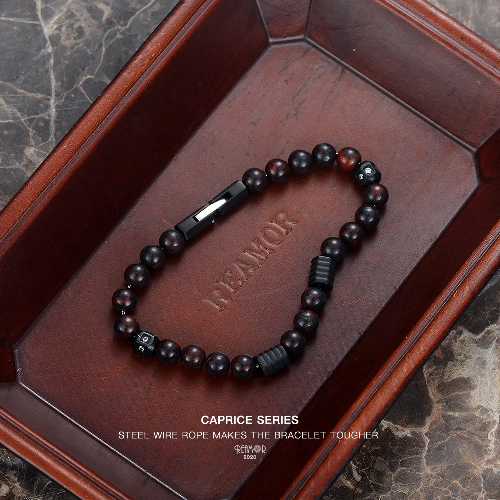 REAMOR Unisex Blood Red Natural Stone Bracelets Detachable Black Matte CNC Stainless Steel Wire Rope Bracelet DIY Jewerly