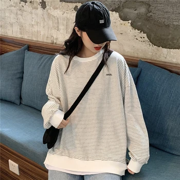 

SOUGEN Casual Hoodie Women Pinstripe Fake Two-piece Pullover Crewneck Sweatshirt Spring Autumn Long Sleeve Hoodies Kpop Clothes