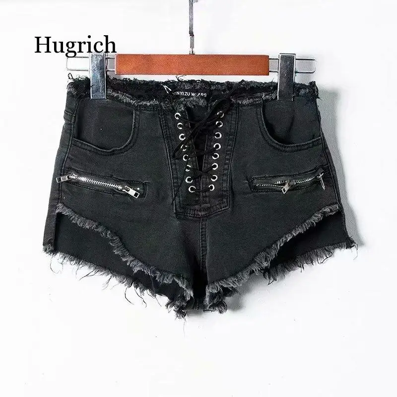 Women Loose Mid Waist Crimping Denim Shorts Fitness Cotton Pockets Lace-Up Short Jeans