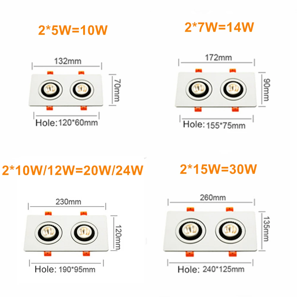 [DBF] Диммируемый двойной светильник s светодиодный точечный потолочный светильник Встроенный светодиодный светильник 10 Вт 14 Вт 20 Вт 24 Вт Прямоугольный светильник AC85-265V