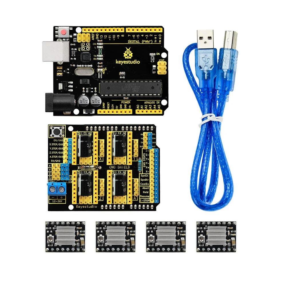 Бесплатная доставка! Keyestudio CNC Набор для arduino Shield V3 + UNO R3 4 шт. A4988 Драйвер/GRBL