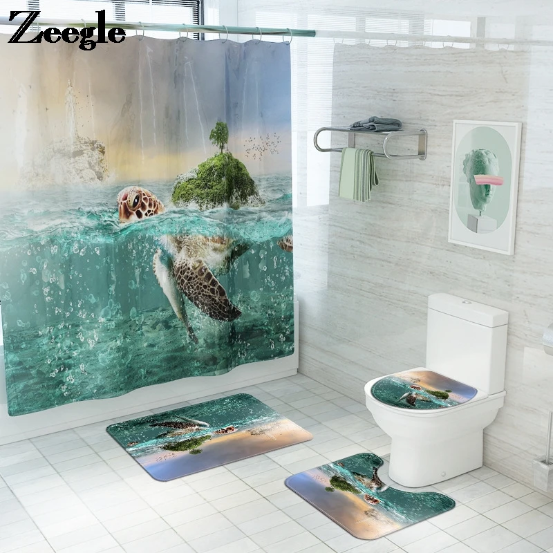 Printed Sea World Bath Mat and Shower Curtain Set Polyester Waterproof Shower Curtain Non Slip Bathroom Carpet Toilet Floor Mat