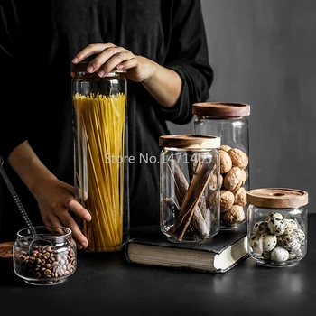 

Retro Glass Coffee Tea Airtight Jar Acacia Wooden Lid Storage Storage Multigrain Pasta Storage Jar