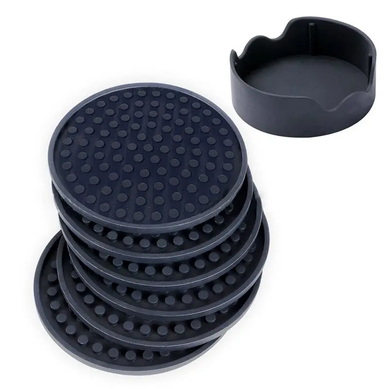 6pcs Silicone Black Coasters Round-shaped Practical Convenient Heat-resistant deep tray anti-overflow Coasters - Цвет: A