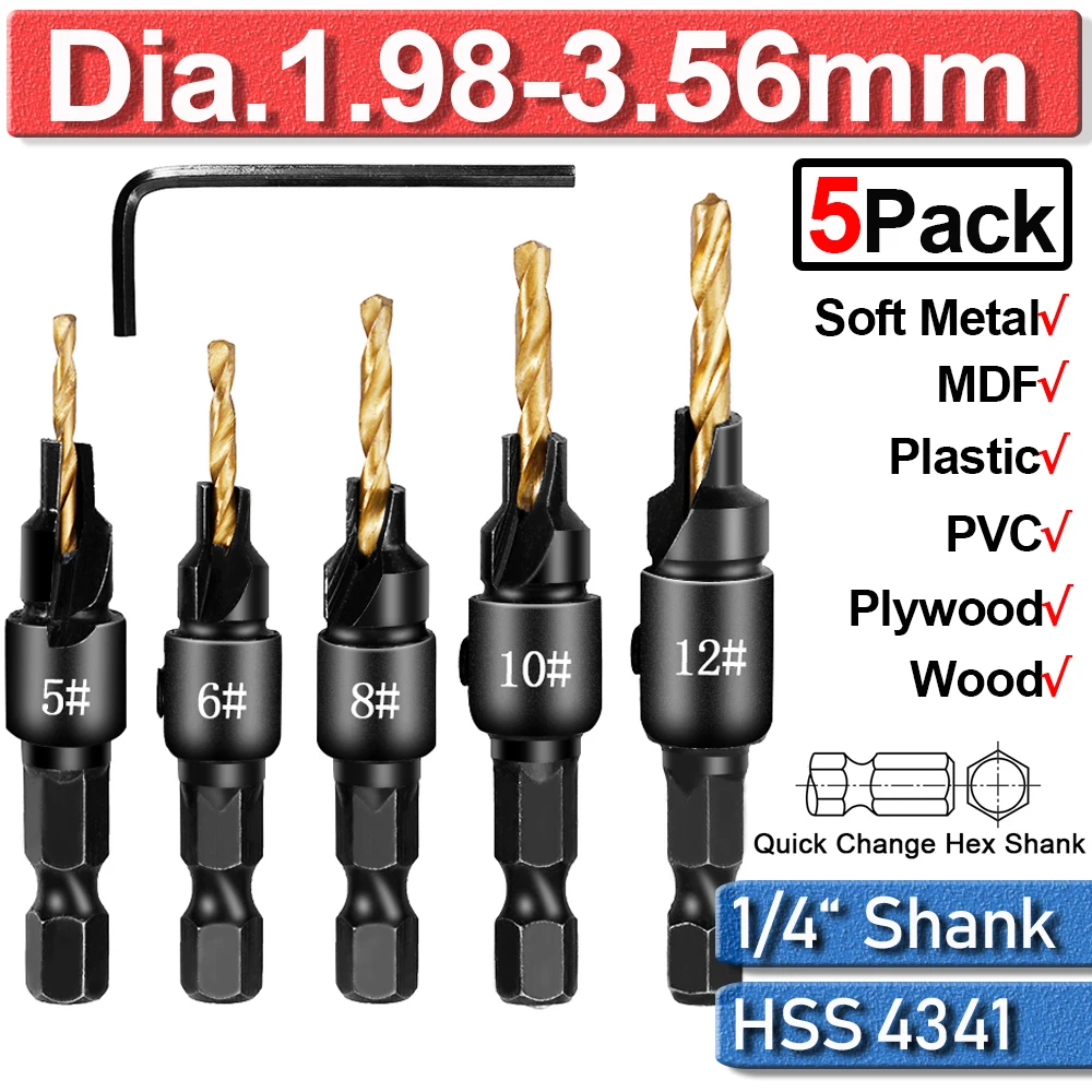 

Набор столярных зенкеров с шестигранным хвостовиком, набор сверл из быстрорежущей стали с шестигранным хвостовиком, 5 шт., 6-12 #, набор пробных отверстий для винтов D40