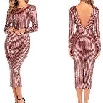 

HT62918 Long Sleeves Sequined Cocktail Dresses Tea Length Deep V Back Vestidos De Coctel Cortos Elegantes 2020