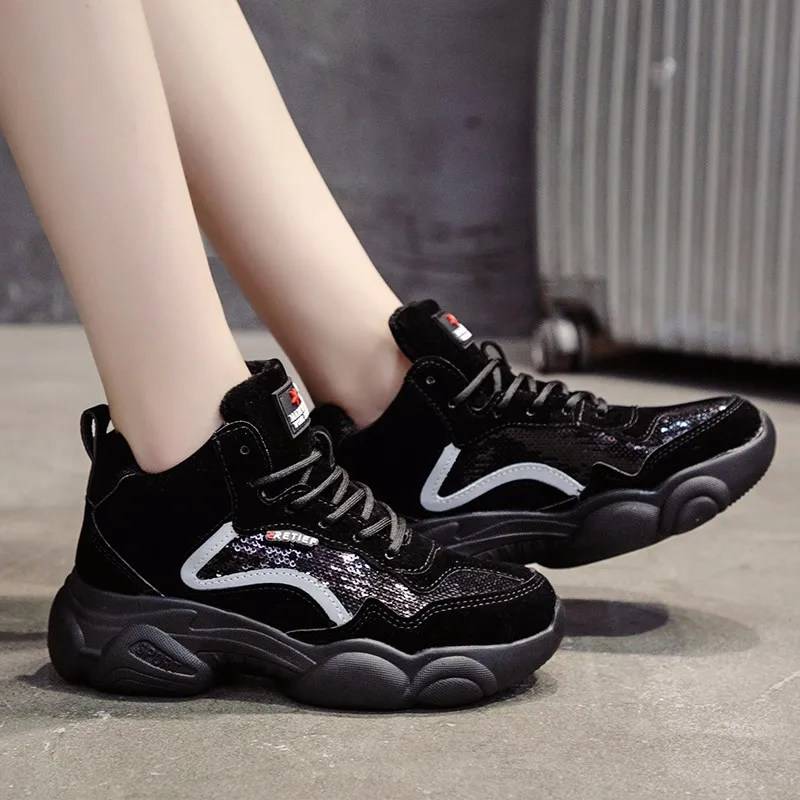 

2019 Winter Women Vulcanized Shoes Lace-up Bling Chunky Sneakers Plush Keep Warm Wedge Platform Sneakers Casual Black Dad Shoes