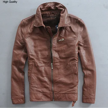 

slim fitted turn down collar men's genuine leather jacket with three pockets thick cowskin casual leather coat men brown black