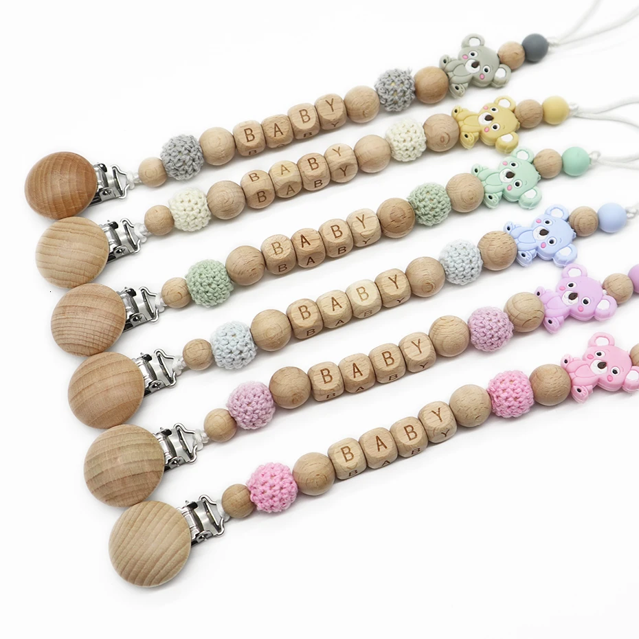 Personalized Name Wooden Pacifier Clips Koala Silicone Beads Beech