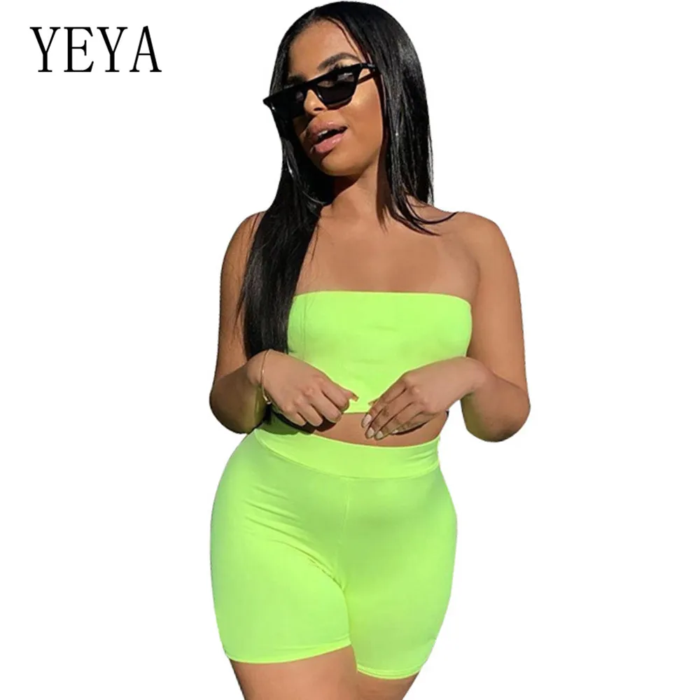 

YEYA Two Pieces Sets Hollow Out Strapless Sexy Playsuits Women Off Shoulder Sleeveless Bodycon Femme Clothing Casual Streetwear