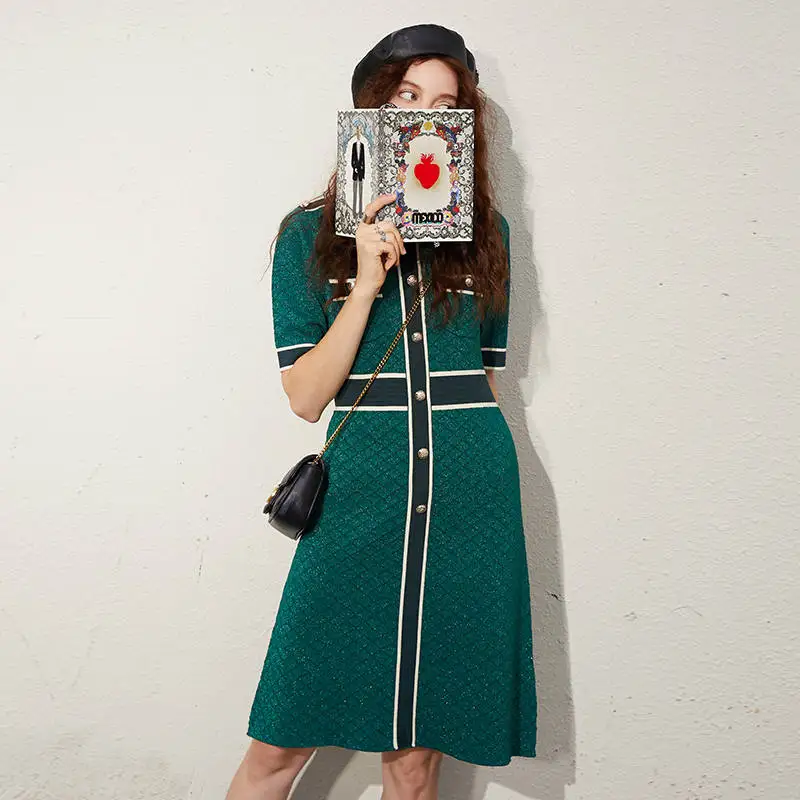 ELFSACK Green Singel Chic Button Knitted Casual Korean Dress Women,2020Autumn ELF Vintage Short Sleeve Female Slim Party Dresses
